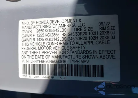 2022 Honda Pilot Awd Special Edition из США, поврежденный, VIN 5FNYF6H20NB060816